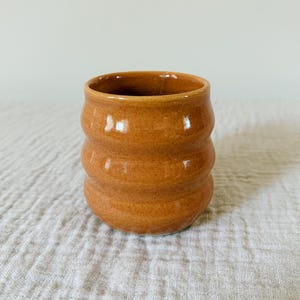 May include: A small, handmade ceramic cup with a warm, earthy orange glaze. The cup features a unique, ribbed design around its body. The interior is a darker shade of orange. The cup sits on a neutral-colored, textured surface.