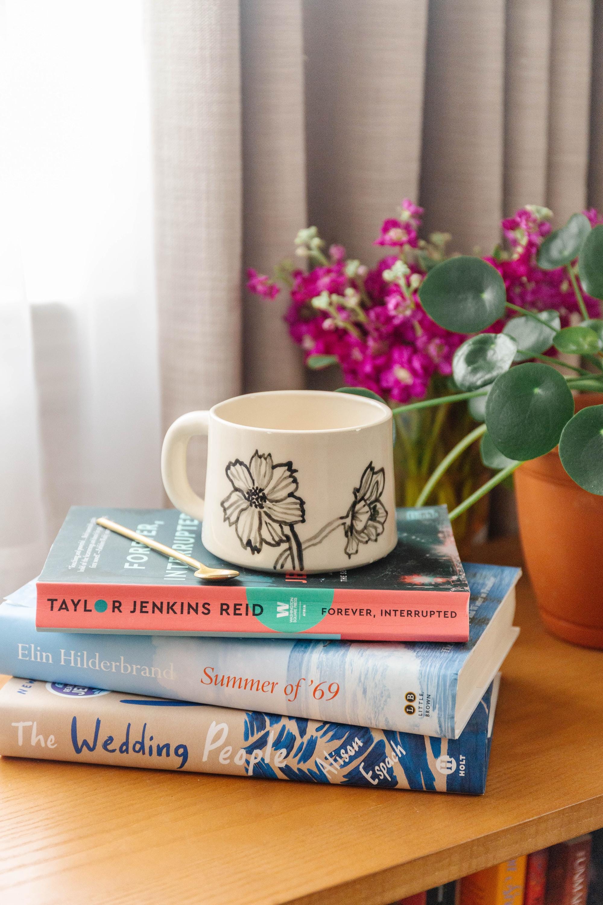 Handmade Floral Clay Coffee Mug: White Hand-Painted Ceramic Tea Cup With Handle (SKU D208)