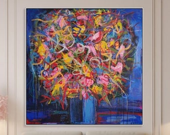 Ramo de flores arte exclusivo marco de pintura hecho a mano arte de pared moderno arte contemporáneo pintura abstracta 46x46"