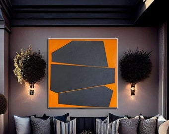 Originale abstrakte Ölgemälde in Schwarz und Orange auf Leinwand, abstrakte minimalistische geometrische Kunst, moderne Strukturgemälde für Heimdekoration, 81,3 x 81,3 cm