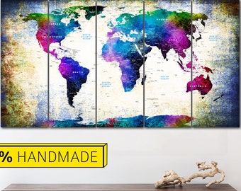 Full Color World Map World Map Print Wall decor Map of the World Canvas Map World Art Canvas Map in cool colors Push pin canvas