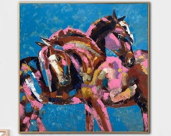 Très grandes peintures abstraites de chevaux sur toile, art mural romantique original, amour coloré, peinture expressionniste pour la décoration intérieure, 60 x 60 po.