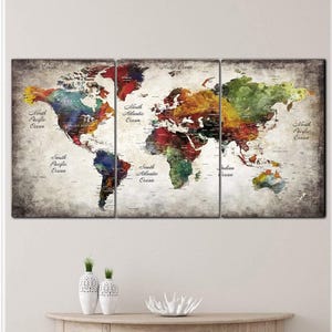 Mapa-múndi colorido, arte de parede, estilo vintage, impressão texturizada, mapa-múndi educacional, pôster com vários painéis, para decoração de parede da sala de estar