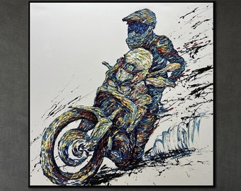 Motorcycle Art On Canvas Multi Colored Art Biker Art Impasto Style Painting Biker Culture Art Speed Art Unique Wall Art Texture Art 40x40"