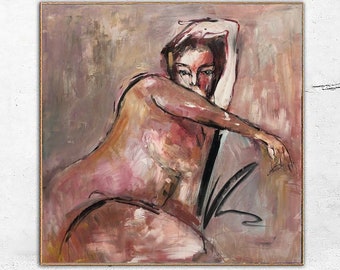 Large Abstract Figurative Paintings On Canvas Original Sexy Woman Artwork Post Expressionist Handmade Painting for Home Decor 46x46"