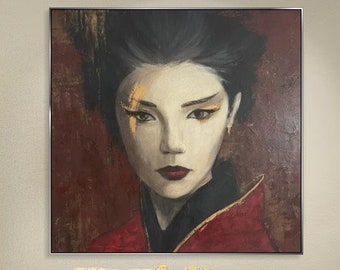Übergroße abstrakte asiatische Frau Rahmen-Wand-Kunst-schwarze und rote Farben Gemälde auf Leinwand asiatische Kultur-Wand-Dekor 60x60"