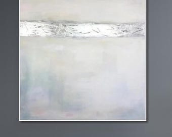White and Silver Wall Art – Large Minimal Abstract Painting, Neutral Textured Canvas for Modern Decor
