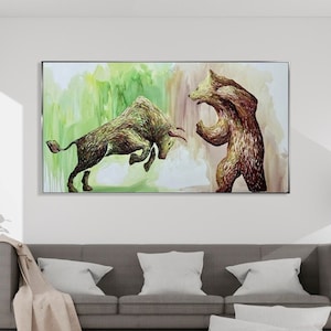 Bull vs Bear Abstract Painting: Financial Wall Art, Office Decor