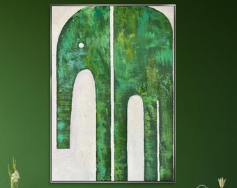 Large Animal Artwork Abstract Green Elephant Art Contemporary Art Wall Painting Frame Painting Nature Painting Elephant Decor 36x24"