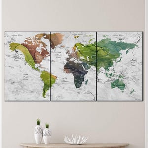 Mapa del mundo de mármol colorido, arte de pared, impresión multipanel estilo acuarela para decoración de pared de viaje moderna para el hogar o la oficina, regalo para exploradores