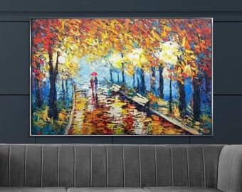 Abstract Trees Paintings On Canvas Colorful Autumn Forest Artwork Original Boho Wall Art Modern Textured Painting for Home Decor 24x36"