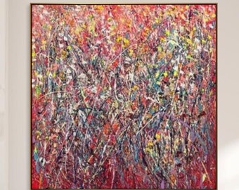 Abstract Red Paintings On Canvas In Jackson Pollock Style Colorful Wall Art Modern Textured Painting for Indie Room Decor RED MADNESS 57x57"