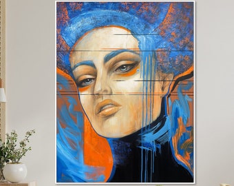 Vibrant Abstract Female Portrait Paintings On Canvas Emotional Expression Blue and Orange Palette Art Surrealism Figurative Wall Art 57x43"