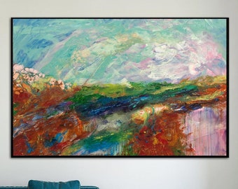 Großes abstraktes Landschaftsgemälde auf Leinwand, Original pastöses Gemälde, Spachtelkunst, lebendige Naturmalerei, zeitgenössische Kunst für Zuhause, 86,4 x 116,8 cm