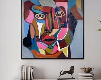 Colorful Abstract Face Art Cubist Painting Modern Decor