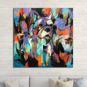 Impresión artística abstracta y colorida de bulldog francés, descarga digital de un vibrante retrato de perro moderno, decoración de pared de bulldog con un estilo expresionista audaz.