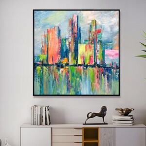 Large Abstract Cityscape Painting: Colorful Textured Urban Skyline Canvas