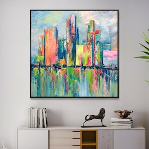 Abstract Cityscape Painting: Textured Urban Skyline, 40&quot;x40&quot;