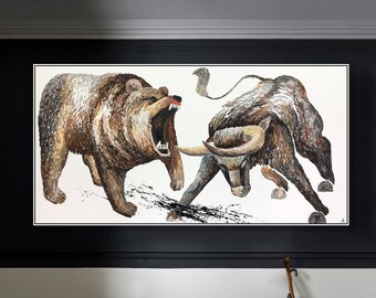 Abstrakte Stier- und Bärengemälde auf Leinwand, expressionistische Tiermalerei, strukturierte Geschäftsthemenkunst, pastose Malerei für das Büro, 76,2 x 152,4 cm