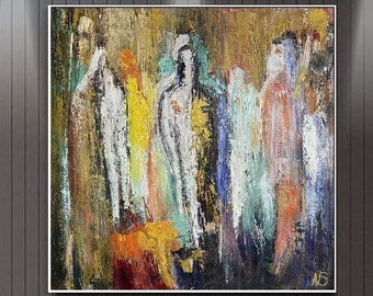 Colorful Figurative Adstract Oil Painting On Canvas Frame Painting Custom Art Bright Silhouettes Texture Wall Art Frame Painting 39.3x39.3"