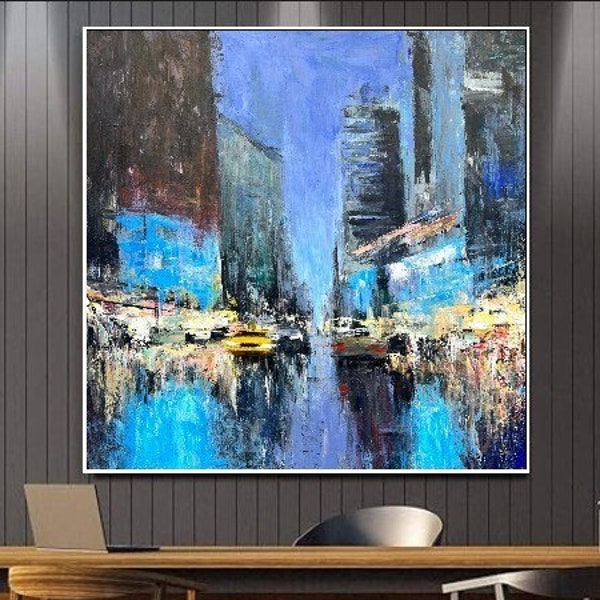 Obra de arte de paisaje urbano nocturno, pintura al óleo hecha a mano, pintura de vida nocturna, pinturas abstractas originales de Nueva York sobre lienzo para sala de estar de 40x40 pulgadas