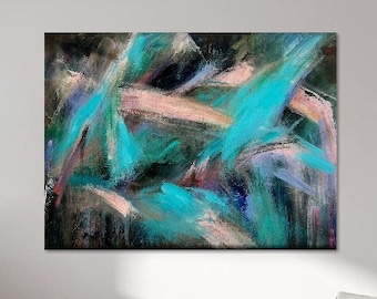Turquoise and Pink Abstract Painting – Large Modern Acrylic Canvas Wall Art Home Decor 34"x46"