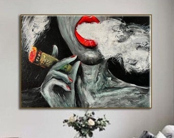 Grande femme abstraite qui fume, oeuvre d'art sur toile figuratif monochrome, peinture à l'huile texturée acrylique, décoration murale moderne