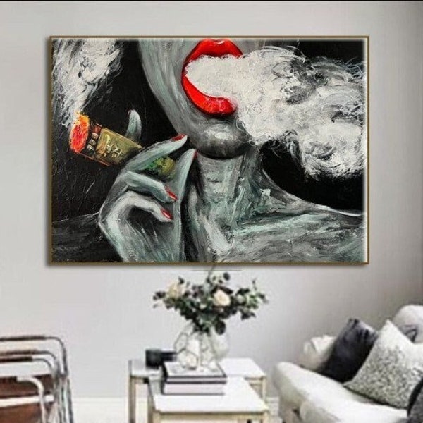 Grote abstracte rokende vrouw kunst op canvas monochrome figuratieve beeldende kunst acryl getextureerde olieverfschilderij moderne muur decor rokende vrouw