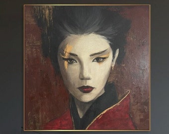 Cadre femme asiatique abstrait surdimensionné, art mural, couleurs noir et rouge, peintures sur toile, décoration murale de la culture asiatique, 60 x 60 po.