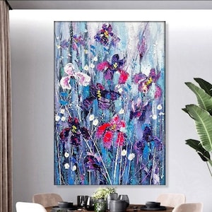 Fleurs abstraites, peintures sur toile, peinture contemporaine faite main, art floral texturé, art coloré, peinture créative, beaux-arts, 50 x 34 po. image 1