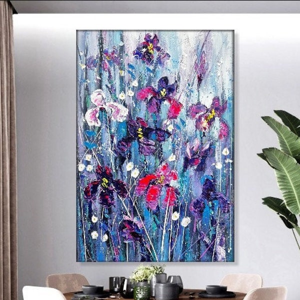 Fleurs abstraites, peintures sur toile, peinture contemporaine faite main, art floral texturé, art coloré, peinture créative, beaux-arts, 50 x 34 po.