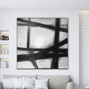 Large Black and White Abstract Painting: Minimalist Geometric Wall Art