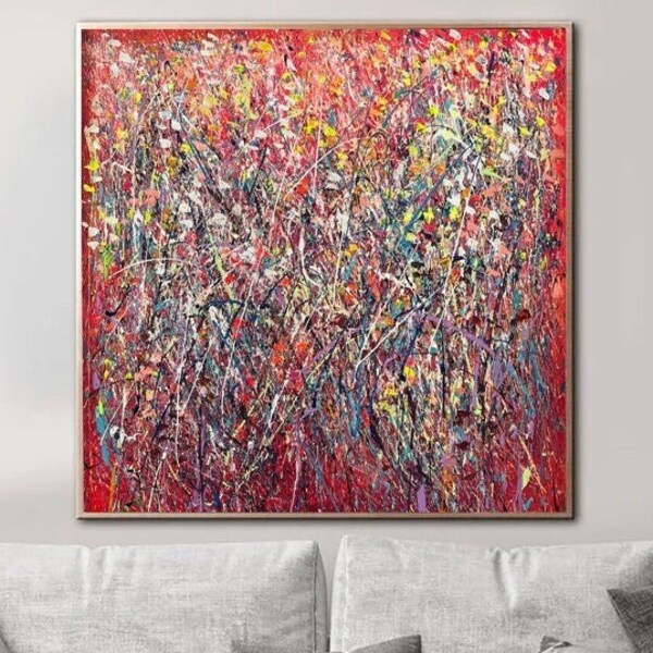 Abstract Red Paintings On Canvas In Jackson Pollock Style Colorful Wall Art Modern Textured Painting for Indie Room Decor RED MADNESS 57x57"