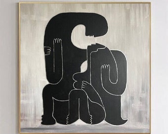 Abstract Figures Art Intertwined Shapes Art Silhouette Forms Monochrome Painting Figurative Painting 53x53&quot;
