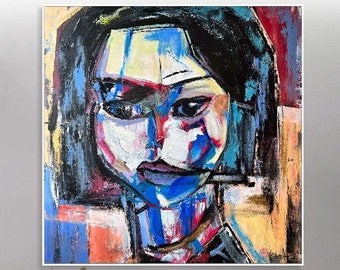 Abstract Face Painting Colorful Oil Art Colorful Woman Painting Acrylic Frame Painting Modern Abstract Painting Unique Painting 46x46"