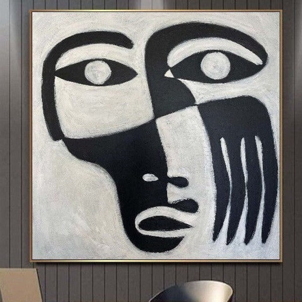 Black And White Face On Canvas Abstract Figurative Acrylic Living Room Art Creative Painting Minimalist Art Modern Paintings 40x40"