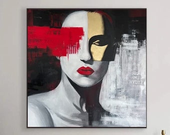 Pintura de mujeres grises y negras sobre lienzo Arte figurativo Labios rojos Pintura femenina Marco Pintura Pintura creativa Arte de pared único 50x50 "