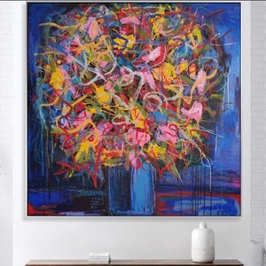 Blumenstrauss Exklusiv Kunst Handgemalter Gemälderahmen Moderne Wandkunst Zeitgenössische Kunst Abstrakte Malerei 116x116 cm Bild 1