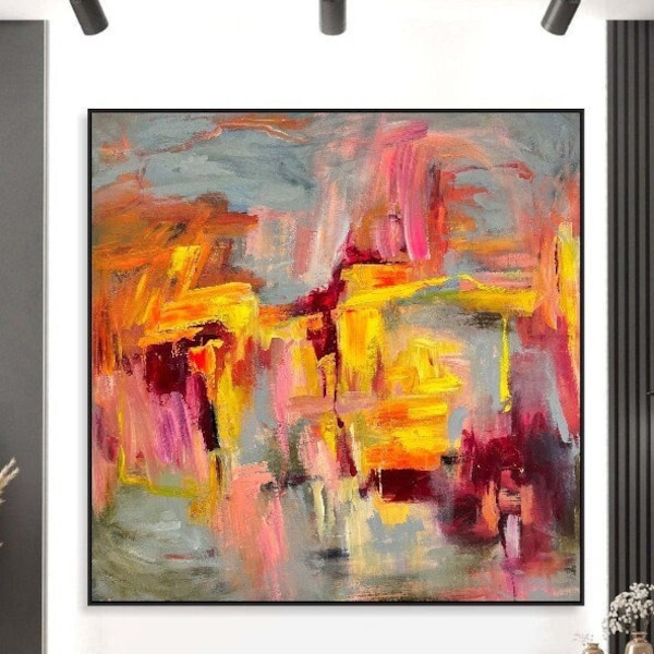 Large Colorful Wall Art Abstract Oil Painting Original Contemporary Art Wall Art Abstract Modern Paintings Wall Art Framed 60x60"