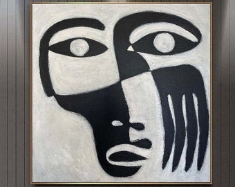 Schwarz-weißes Gesicht auf Leinwand, abstrakte figurative Acryl-Wohnzimmerkunst, kreative Malerei, minimalistische Kunst, moderne Gemälde, 101,6 x 101,6 cm