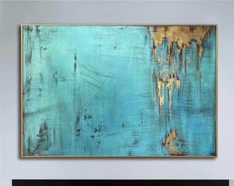 Pinturas azules abstractas originales sobre lienzo, obra de arte con textura rica en hojas de oro, pintura al óleo hecha a mano para decoración de pared del hogar, 40x60"