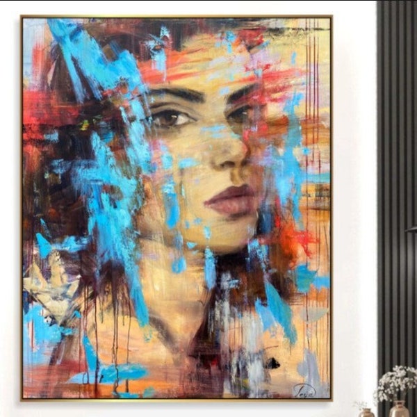 Peinture figurative Art du visage de femmes Peinture acrylique colorée Peinture à l'huile Abstrait créatif Art mural moderne encadré Toile d'art moderne 60 x 48"