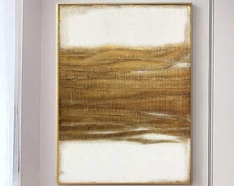 Abstracte minimalistische schilderijen op canvas in gouden en witte kleuren Moderne bladgoudkunst Acrylkunst Luxe getextureerde beeldende kunst GOUDEN HEMELEN