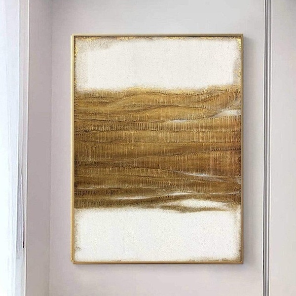 Dipinti astratti minimalisti su tela nei colori oro e bianco Arte moderna foglia oro Arte acrilica Arte di lusso strutturata CIELI D'ORO