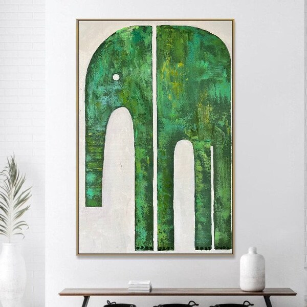 Arte de animales grandes, arte abstracto de elefante verde, arte contemporáneo, pintura de pared, marco de pintura, pintura de la naturaleza, decoración de elefante, 36x24"