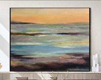 Large Abstract Landscape Painting Ocean Wall Art in Blue Brown and Orange Colors as Minimalist Artwork for Living Room Wall Deco STRAY BEACH