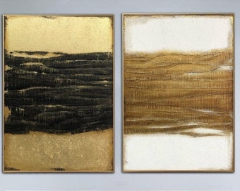 Large Abstract Diptych Painting On Canvas In Gold, Black And White Colors Acrylic Painting Set Of 2 Textured Wall ArtBETWEEN DAY AND NIGHT