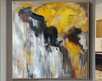 Large Abstract Yellow Paintings on Canvas Modern Original Painting Contemporary Art Textured Hand Painted Art | SUN BEYOND the CLOUDS