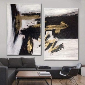 Abstract Black and White with Gold Leaf Art Diptych Paintings On Canvas Modern Luxury Textured Art Original Oil Painting for Home or Office