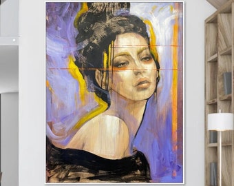 Abstract Beautiful Female Paintings On Canvas Expressive Modern Portrait with Gold and Purple Accents Stylized Female Figurative Art 57x43"